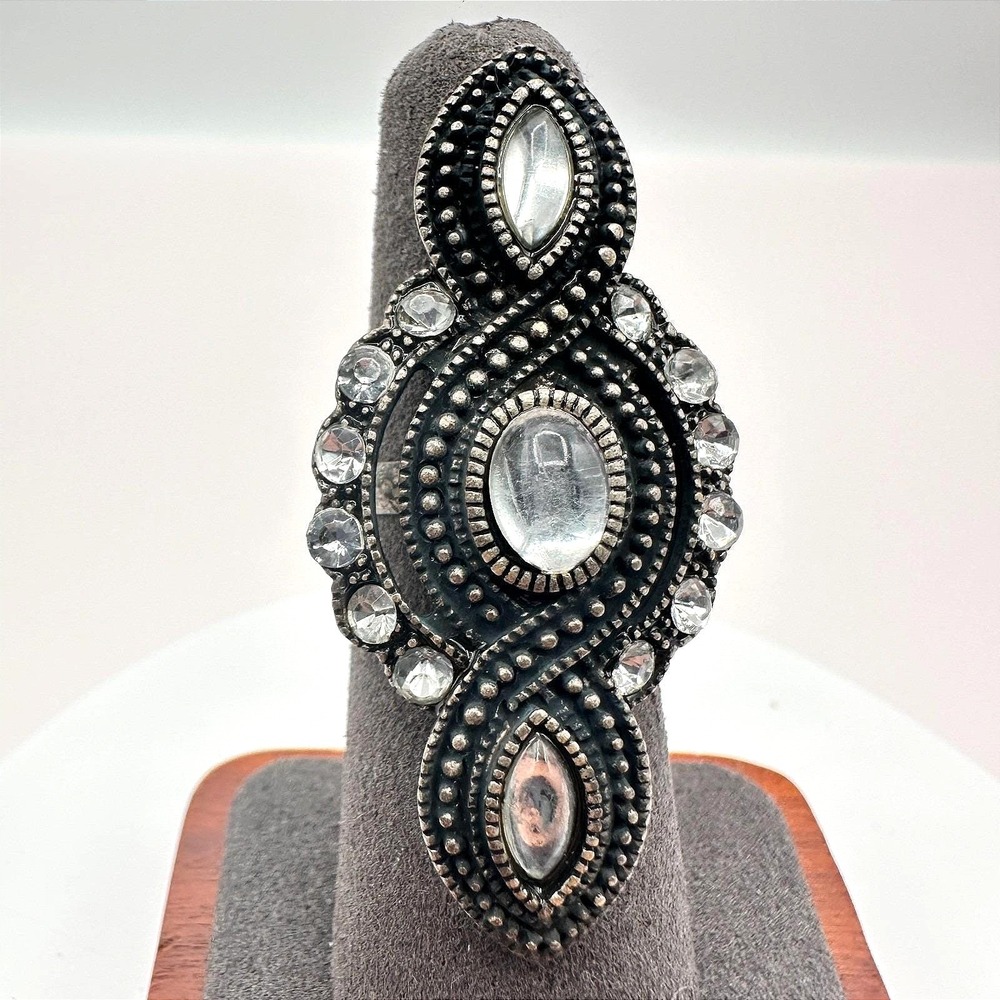 Vintage 80s Style Statement Ring Clear Rhinestone Gunmetal Oval Filigree Jewelry